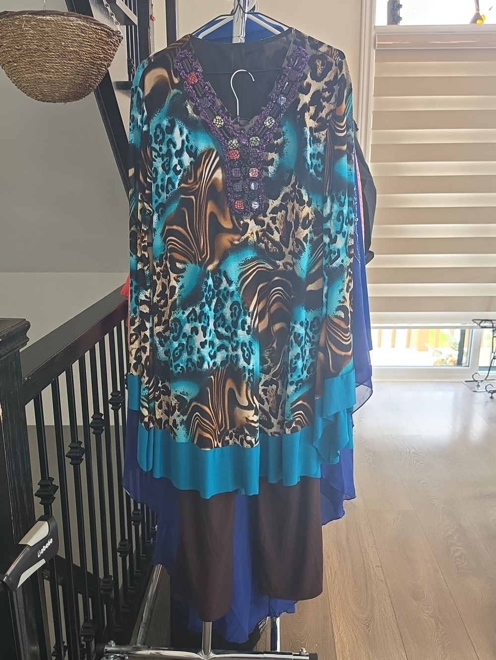 Women's Teal and Brown Animal-Print Embellished Tunic